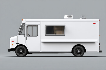 Naklejka premium White food truck van isolated on a light background, side view.