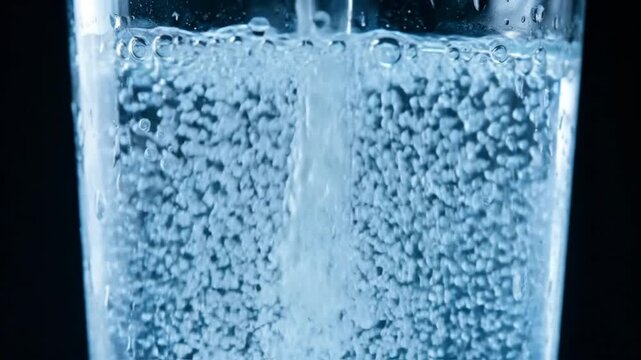 Refreshing carbonated water bubbles rising in glass with cinematic macro lighting.