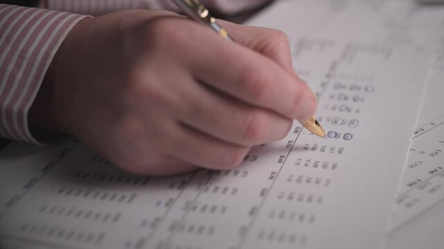 Caucasian Analyst Circling Numeric Figures On Printed Report With Gold Pen, Closeup Of Hand Marking Data Rows And Columns, Quiet Investigative Office Mood Highlighting Metrics And Precision
