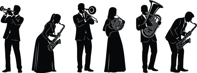 Silhouette set of professional musicians playing brass and woodwind instruments, jazz band performers with trumpet, saxophone, trombone, and tuba, isolated. © Munni