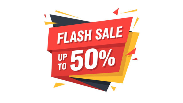 A dynamic red and yellow flash sale banner with 'FLASH SALE UP TO 50%' text, ideal for online promotions and retail discounts. - Powered by Adobe