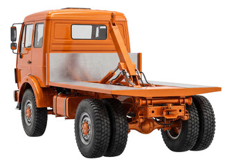 Obraz premium Orange rear-dump truck featuring a hydraulic flatbed and dual rear axles.
