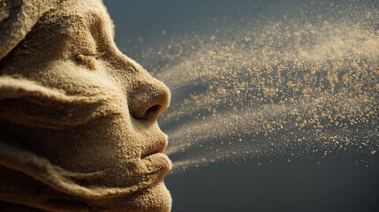 A woman's face is covered in sand, blowing in the wind. Concept of chaos and disarray, as the sand particles are scattered all over the woman's face and surroundings