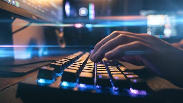 Focused person typing on glowing keyboard with blue cinematic anamorphic streaks