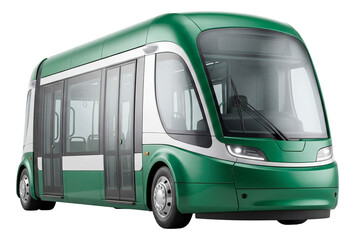 Low-floor tram featuring full-length glass doors and a green and white design.