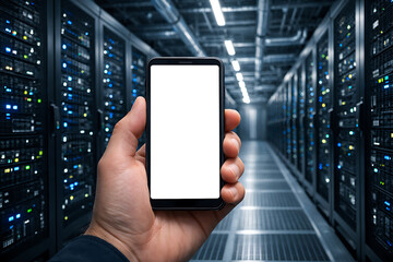 Technical expert holding a smartphone with a blank white mockup screen in a modern data center filled with rows of blue server racks and lights