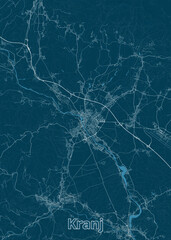 map of Kranj, Slovenia, rendered in a minimalist style. The map features a dark teal background with light blue lines representing streets, roads, and rivers.