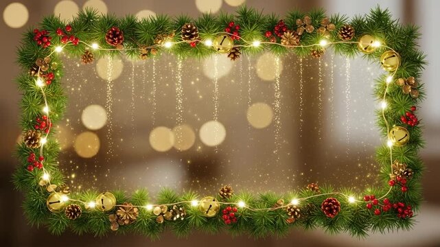 Festive Christmas garland with pine branches jingle bells pinecones red berries and twinkling lights holiday  decoration Ai HD high quality video.