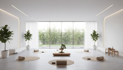 Minimalist bright white yoga studio featuring natural light through expansive window overlooking lush green bamboo garden with circular mats and meditation cushions on polished floor
