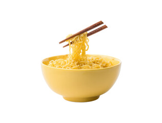 A bowl of yellow noodles with chopsticks in it, isolated on a transparent background