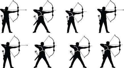 Archer silhouettes, black and white illustration, bow and arrow, archery poses, quiver, shooting stance, sport, technique, form, art © Creative Art
