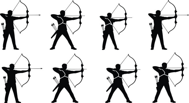 Archer silhouettes, black and white illustration, bow and arrow, archery poses, quiver, shooting stance, sport, technique, form, art