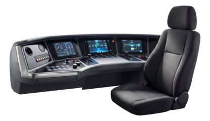 Electric train driver's cabin with a digital dashboard and comfortable seating.