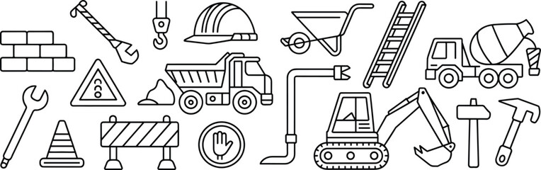 Construction tools illustration, black and white sketch, vehicles, safety symbols, site equipment, educational drawing, line art, industrial theme, icons © Creative Art