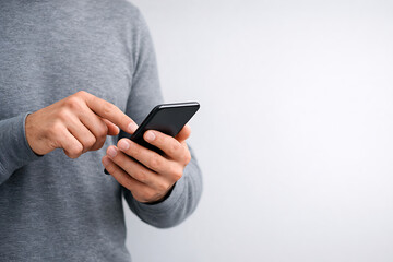 Close up of a man holding a black smartphone with his fingers touching the screen against a plain grey background for tech advertising