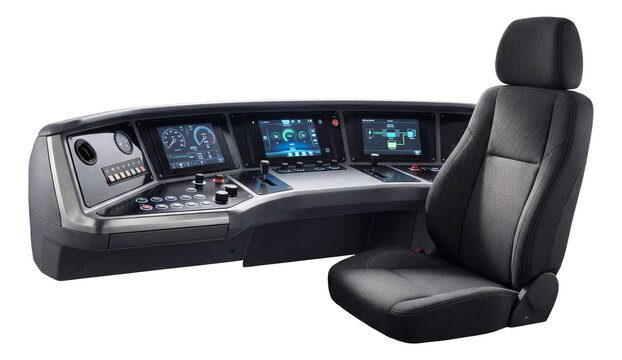Electric train driver's cabin with a digital dashboard and comfortable seating.