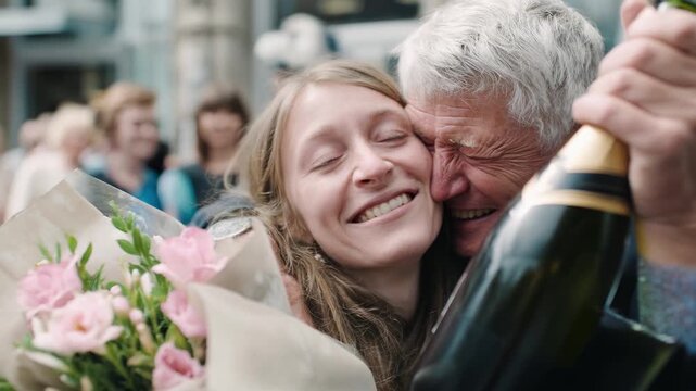Joyful reunion! Elderly father embraces his daughter after successful PhD defense. University celebration, pure happiness, emotional moment, genuine connection, family pride.