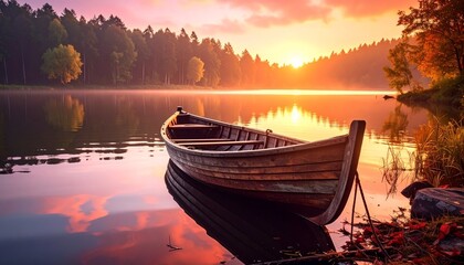 Traditional wooden boats on a calm lake