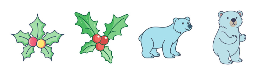 Cute christmas holly and polar bear cartoon drawings on a white background