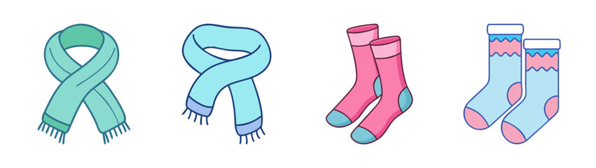 A simple illustration of winter clothing accessories including colorful scarves and warm socks on a white background
