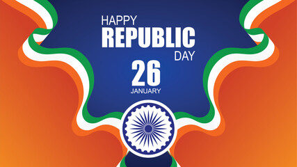 A vibrant graphic celebrating India's Republic Day on January 26th, featuring the national flag colors and Ashoka Chakra.