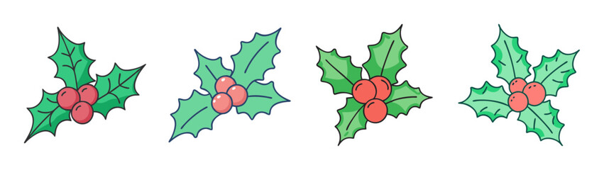 Fototapeta premium Four watercolor illustrations of festive holly leaves and red berries, perfect for christmas design