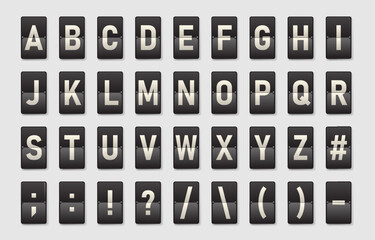 Vector set of retro flipboard alphabet letters and symbols in airport departure board style, mechanical split flap typography collection for travel displays, signage, UI and graphic design