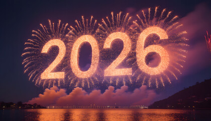 Fireworks display with 2026 in the sky over a body of water at night