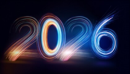 Year 2026 With Dynamic Light Trails A Modern Design Element For New Year Celebrations And Future Oriented Projects Isolated On Dark Background