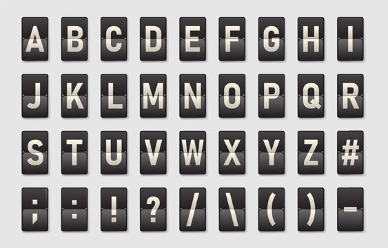 Vector set of retro flipboard alphabet letters and symbols in airport departure board style, mechanical split flap typography collection for travel displays, signage, UI and graphic design