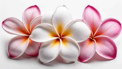 Three Plumeria Blossoms White With Hints Of Pink Display Delicate Beauty Against A Plain White Background