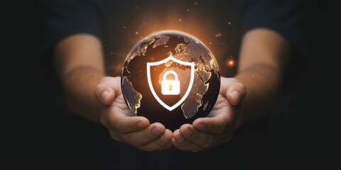 Global Security: A pair of hands tenderly cradles the world, its surface adorned with a glowing shield and padlock, symbolizing the vital importance of global security. 