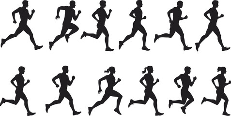 Running silhouette illustration, black and white sketch, athletic motion, male female runners, dynamic pose, sport, training, movement, form, art