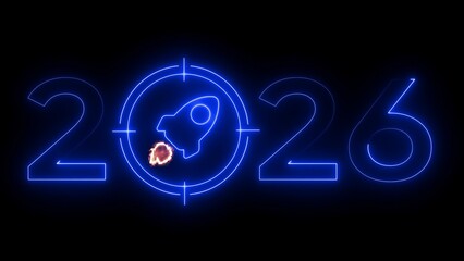 Blue neon 2026 year with rocket target on black background