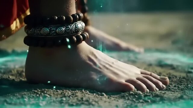 Feet of person adorned with beaded anklets.
