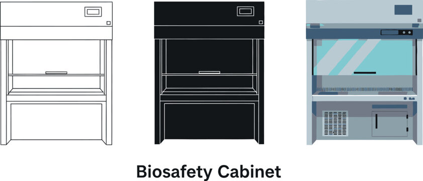 Collection of biosafety cabinet illustrations including outline silhouette and detailed vector graphics for laboratory and medical use