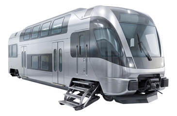 Bi-level passenger train with retractable steps on a tactile-paved platform.