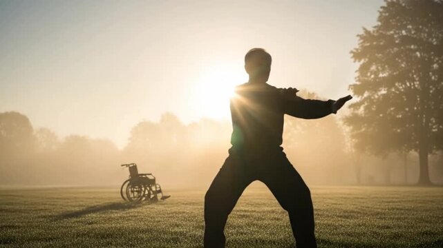 Inspirational Recovery: Man Leaves Wheelchair to Practice Tai Chi or Qigong Exercise at Golden Sunrise in Park