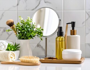 Self care products on bathroom counter