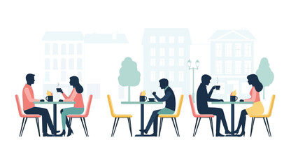 Obraz premium Illustration of people sitting at tables eating and drinking in a city setting with a minimalist style and pastel color palette.