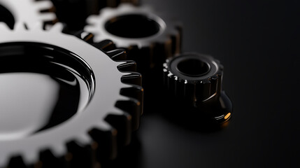 A macro image shows interlocking shiny metal gears on a dark, slightly reflective surface. The focus is on the foreground gear, creating a sense of depth and mechanical precision.
