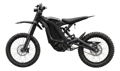 Electric off-road motorcycle featuring rugged tires and elevated ground clearance.