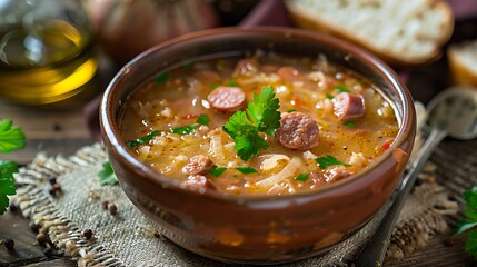 A bowl of cabbage soup with sausage and parsley garnish on a rustic wooden table setting close up