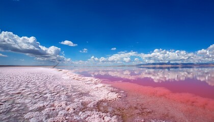 A Serene Landscape Featuring A Pink Salt Lake With A Perfect Reflection Of A Blue Sky Filled With White Wispy Clouds
