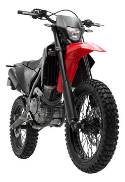 Single-cylinder supermoto motorcycle featuring a high fender and off-road tires.