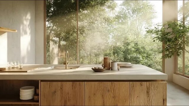 Modern kitchen with large window overlooking lush greenery
