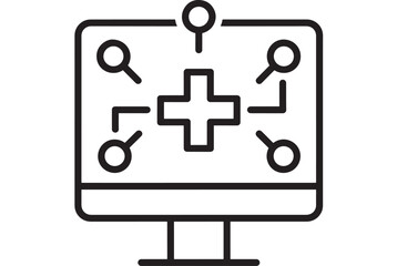 Obraz premium Medical monitor with a cross symbol and search icons on transparent background silhouette
