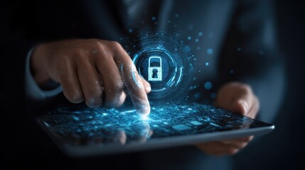 a businessman interacts with a futuristic tablet activating a digital lock symbol the image represents security innovation and the digital age in modern technology