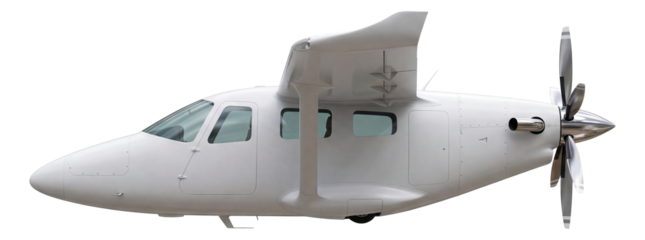 High-wing commuter plane featuring retractable landing gear and rear propeller.