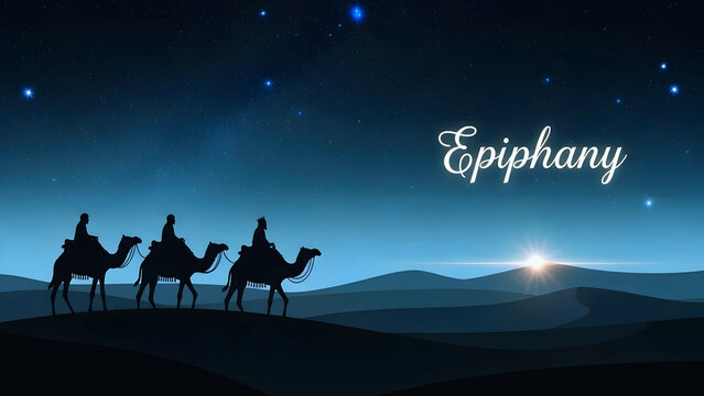 Silhouette of the Three Kings Riding Camels in the Desert at Night Celebrating Epiphany Christian Tradition